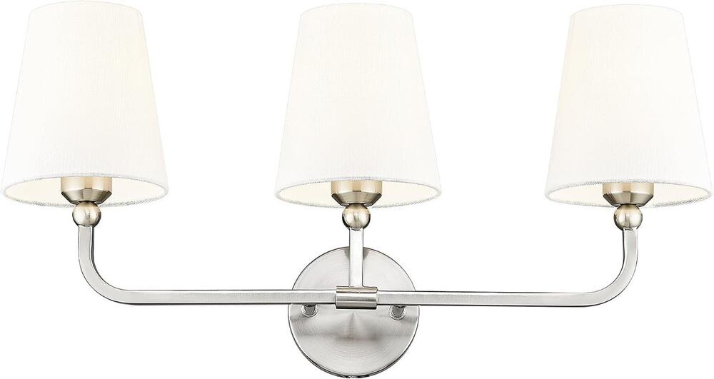 3-Light Brushed Nickel Bathroom Vanity Light w/ White Fabric Shades